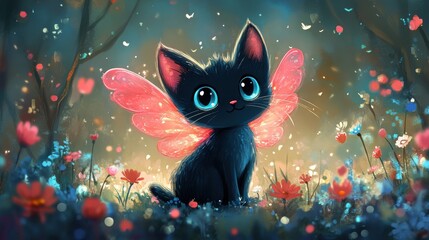 Blue cat with clear pink wings
