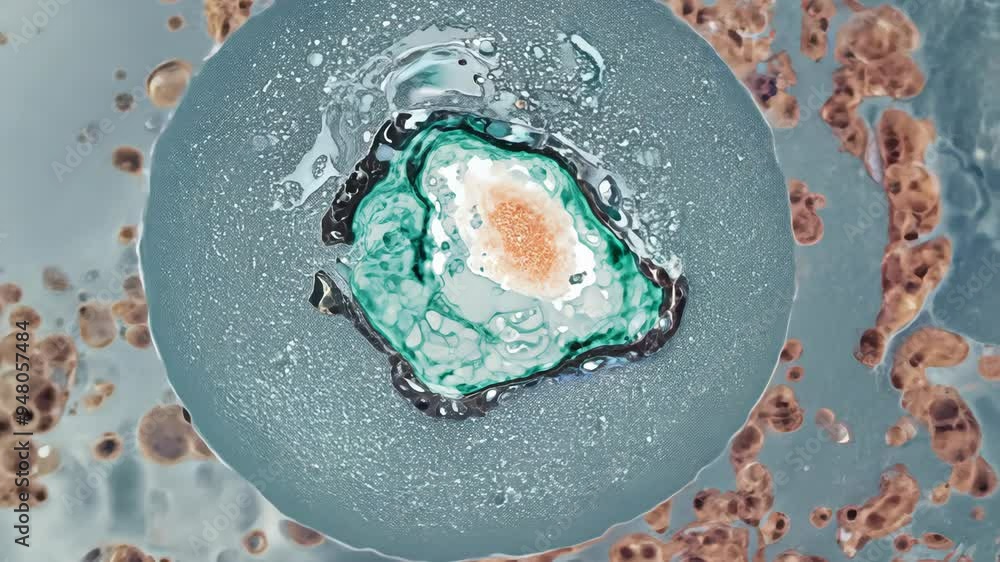Poster exploring the intricate structure of a cell under a microscope at a research laboratory in fall 2023