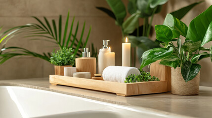 A serene bathroom setting featuring spa-inspired decor with candles, lush green plants, and natural wood accents, promoting relaxation and tranquility.
