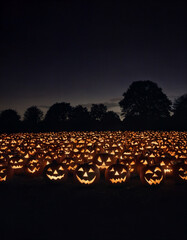 Obraz premium A vast field illuminated by glowing jack-o'-lanterns at dusk during Halloween festivities