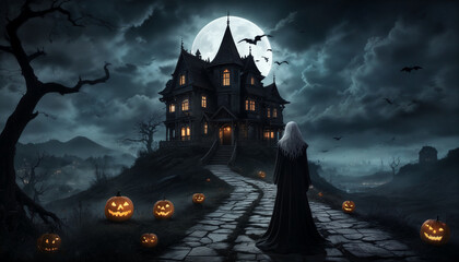 A mysterious figure approaches a haunted house surrounded by carved pumpkins on a moonlit Halloween night