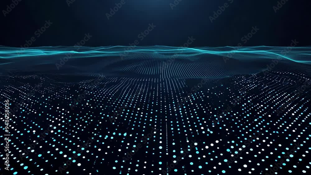 Poster exploring the mesmerizing digital landscape of flowing blue waves and illuminated dots in a cosmic s