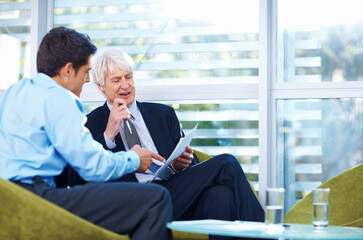Men, advice and business people in office with contract, funding proposal or finance for deal...
