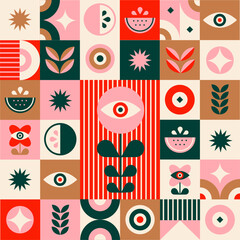 Patrón abstracto en estilo geométrico con flores y frutas. Ilustración minimalista vectorial. Formas de plantas y flores orgánicas, naturales. Cítricos de agricultura ecología. Para festividades. 