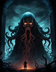 Fototapeta premium Dark fantasy scene featuring a mysterious figure confronting a colossal creature in an eerie, ancient ruins during twilight