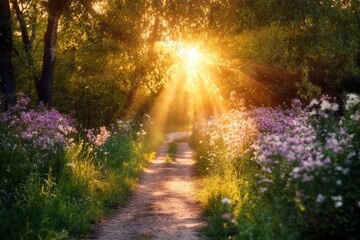 Sunlit path with vibrant wildflowers at sunset