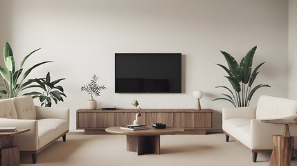 A minimalist style interior design of a modern living room with a TV, a beige sofa with a wooden table in front of it. A wooden cabinet with a few items on top of it