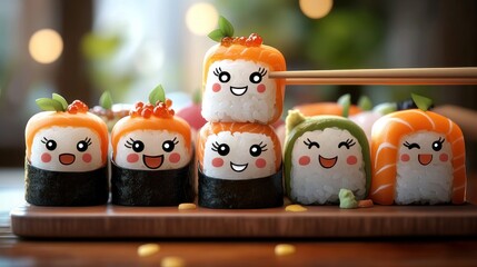 Obraz premium Smiling Sushi Rolls with Chopsticks