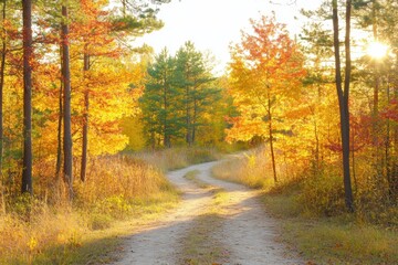 Obraz premium Autumn sunlight filtering colorful trees on serene path