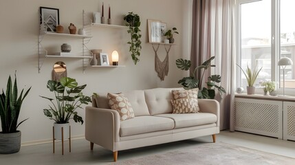 A modern living room with a beige fabric sofa placed near a window. The room has a boho home interior design style. There are patterned pillows on the sofa and a rug on the floor.