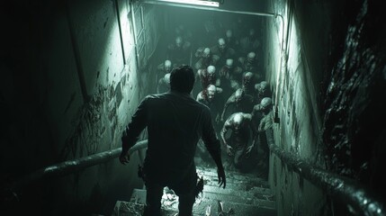 A terrifying scene of zombie horror, with a lone survivor surrounded by zombies in a dark, claustrophobic space