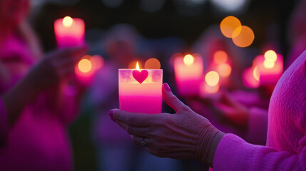 Close-up of hands holding pink candles with heart decorations during a candlelight vigil for Breast Cancer Awareness Month, symbolizing support and remembrance.
