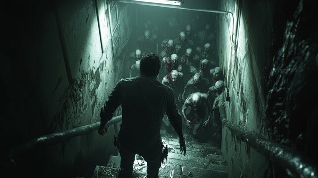 A terrifying scene of zombie horror, with a lone survivor surrounded by zombies in a dark, claustrophobic space