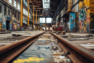 An old, derelict warehouse with exposed beams, broken windows, and walls covered in vibrant graffiti, providing a stark contrast against the industrial decay.