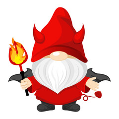 Halloween Devil Gnome with bat wings and holding pitchfork with fire