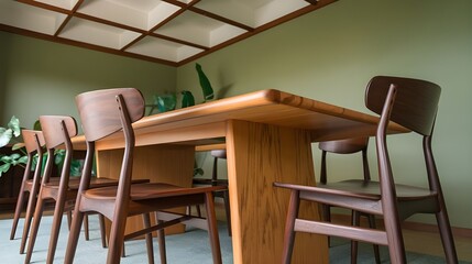 A modern living room with a mid-century Scandinavian design. A round dining table in the center. Four orange leather chairs around the table.