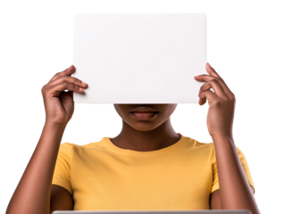 a woman holding a white sign over her face