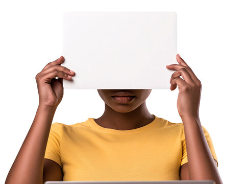 a woman holding a white sign over her face