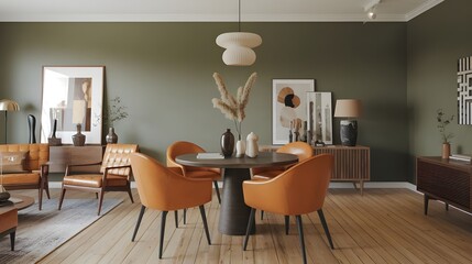 A modern living room with a Scandinavian, mid-century design, a round dining table. The table is made of wood and has a dark finish, four orange leather chairs around the table