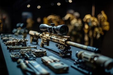 A showcase of precision rifles adorned with high-end accessories, emphasizing their technological sophistication and superior craftsmanship against a blurred background of other equipment.