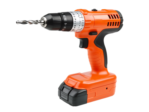 an orange drill with a drill bit