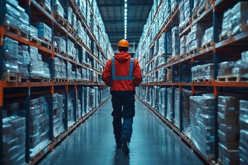 Obraz premium A futuristic technology retail warehouse where a worker is doing inventory while digitalization processes analyze goods. Generative AI