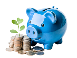 a blue piggy bank with a plant growing on top of coins