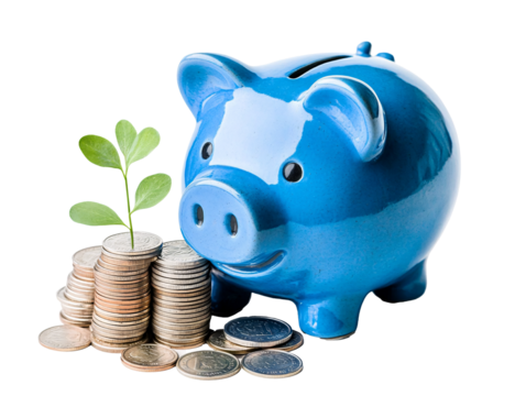 a blue piggy bank with a plant growing on top of coins
