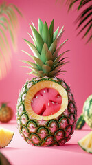 Pineapple with watermelon center on a pink background