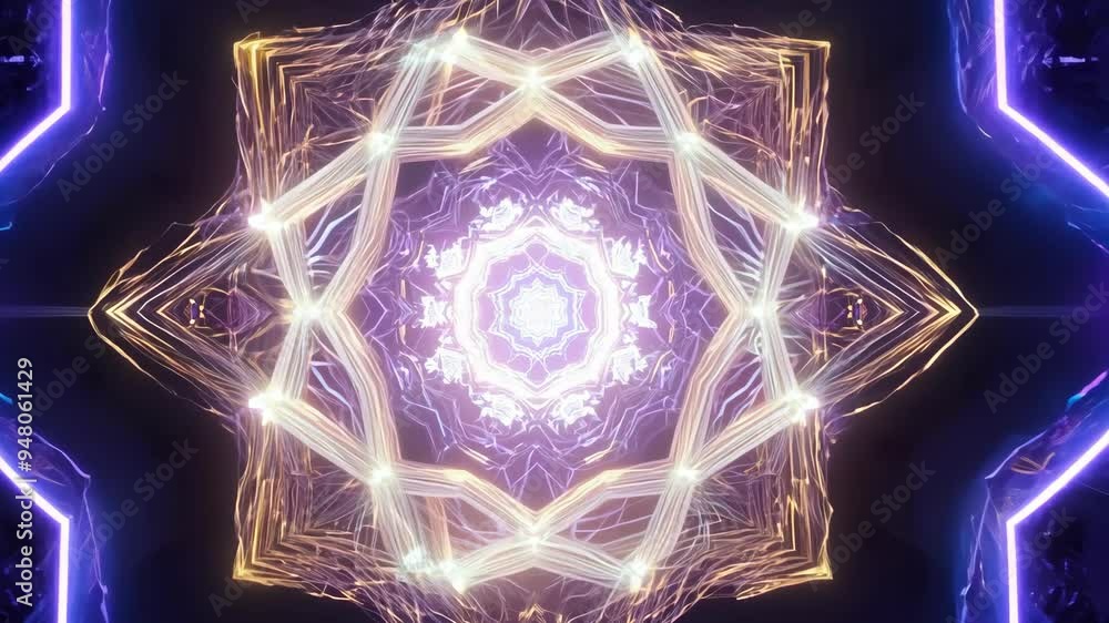Poster explore a mesmerizing geometric design with glowing purple lights that create a captivating visual e