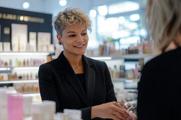 A middle-aged cosmetics store consultant with short hair in a black blazer assisting a customer at the counter, with a blurred store layout and bright, soft lighting.