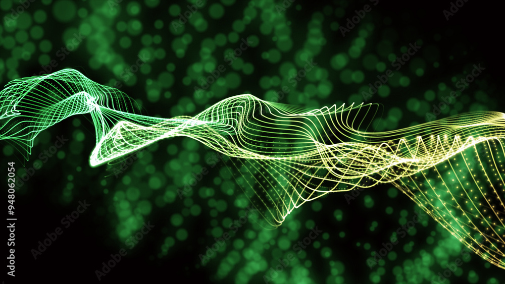 Poster digital particles green color wave flow abstract background. future vector illustration.