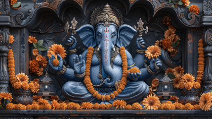 Majestic Blue Ganesh Statue Decorated with Marigold Flowers and Lanterns