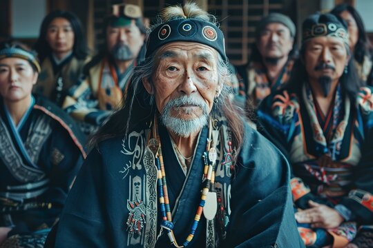 Group of Ainu elders in traditional dress