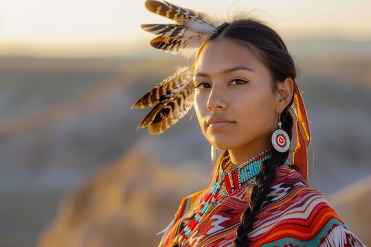 Young Apache woman in traditional dress at sunset