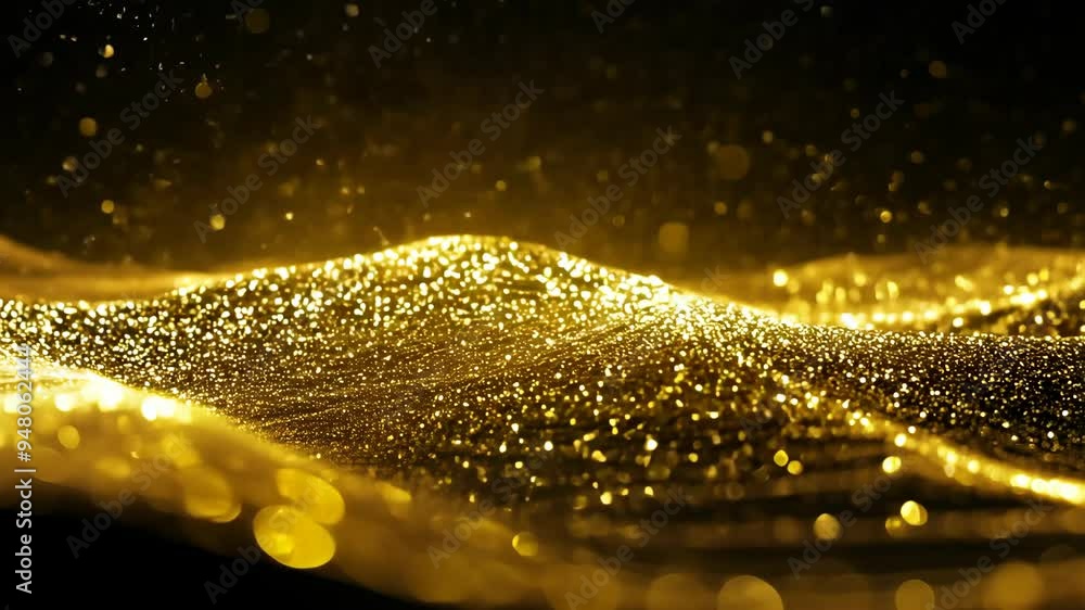 Poster golden waves of shimmering particles dancing in slow motion during a nighttime light display