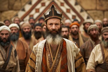 Obraz premium Hebrew leader with followers in traditional dress