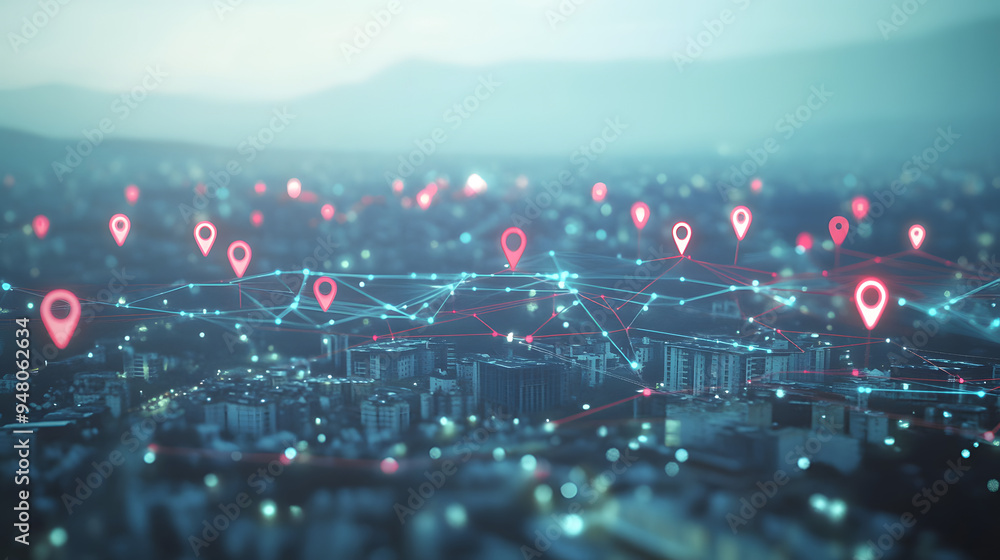 Poster a conceptual 3d rendering presents a city with abstract connected location pins against a dull sky b