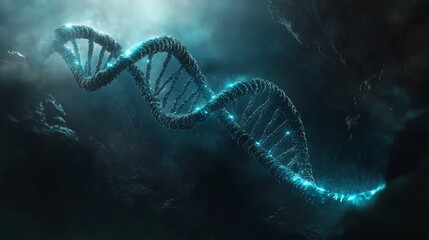 Abstract DNA strand illuminated by glowing blue particles, representing biotechnology and genetic concepts in a dark environment