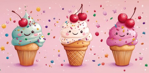 Three Smiling Ice Cream Cones with Cherries and Sprinkles