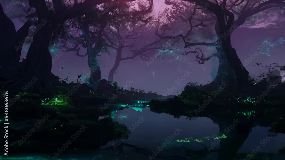 Poster explore an enchanting twilight forest with glowing streams and mysterious trees at dusk