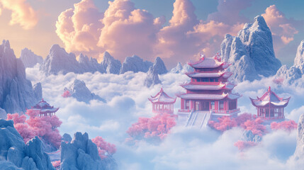 chinese myth scene, temple on the mountain, animated scene