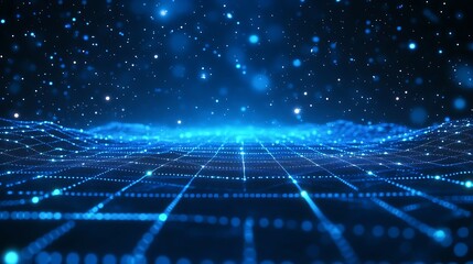 Fototapeta premium A digital, futuristic grid with glowing blue lights, representing data networks and technology in a starry, ethereal environment.