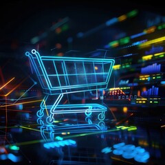 Digital cart icon on future tech background. Online shopping evolution. Futuristic shopping cart icon and abstract chart in world of technological progress and innovation. CGI 3D render Digital cart i
