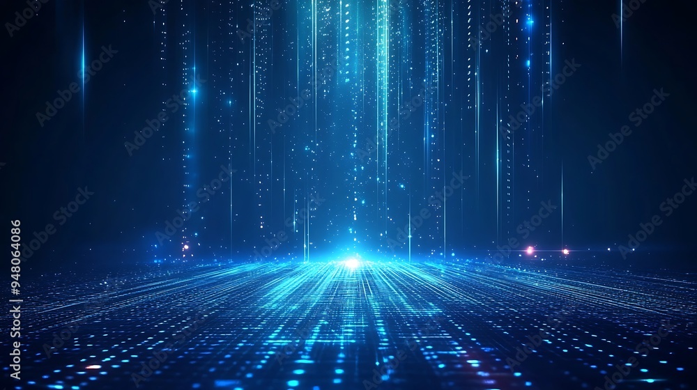 Poster a futuristic digital landscape with glowing blue lights and binary code, representing advanced techn
