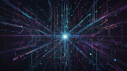 Fototapeta premium Illustration of a Radiant Focal Point Amidst a Network of Intersecting Lines and Hues Symbolizing Digital Connectivity
