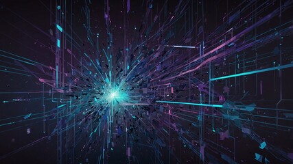 Obraz premium Abstract digital art depicting a dynamic explosion of multi colored lines and particles emanating from a central radiant point against a dark background
