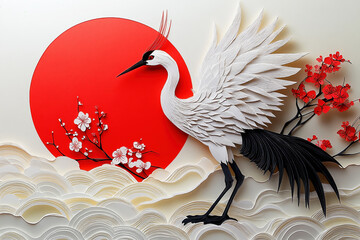 Kirigami, intricate Japanese cut paper art of a crane in red white and black.