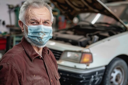 Portrait of auto mechanic senior man with face mask at auto repair shop Portrait of auto mechanic senior man with face mask at auto repair shop - Powered by Adobe