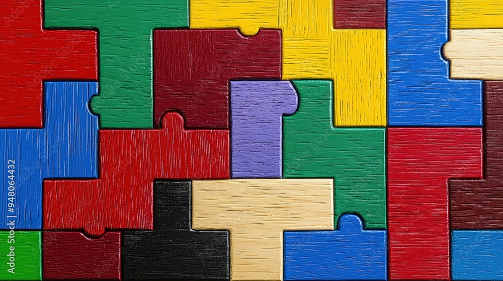 Aufkleber abstract background of colorful wooden puzzle pieces, interlocking and creating a geometric design